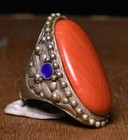 4cm Old Chinese Dynasty Silver Inlay Coral Jewelry Figure Ring Finger Ring