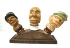 3 Antique German Hand Carved Wooden Bottle Stoppers   Pourer In Stand