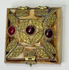 Vintage Bone Hinged Trinket Box W Red Stones And Brass Ornaments  Velvet Lined