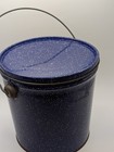 Vtg Blue   White Speckled Enamelware Style Berry Pail bucket W handle lid 6 x6 