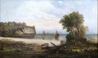 X-large Antique Gilt Framed  19th C Seascape Coastal Sailboat Scene Oil Painting