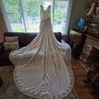 Vintage 90s Demetrios Column Wedding Gown detachable Cathedral Train  Size 8