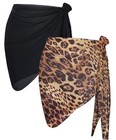 2 Pieces Women Beach Sarong Bathing Suit Wrap Skirt Brown Leopard And Black
