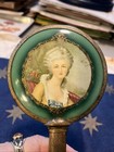 Vtg Vanity Hand Held Magnifying Mirror Goldtone Metal 18th Century Lady Portrait