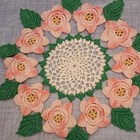 Handmade Hand Crocheted Floral Doily Centerpiece Pink Flowers Green Leaves