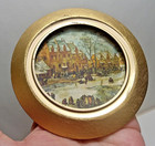 Set Of 3 Miniature Woven Silk Pictures Round Gold Frames Dutch Winter Scenes Art
