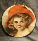7 25  Gold Tone Flue Cover Art Beautiful Girl Red Cloche Hat Hanging Chain