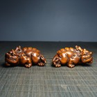 Vintage Wood Wooden Carved Figure Boxwood Pixiu Figurine Pair Feng Shui Statue