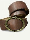 Women Wide Leather Belt Brass Oval Buckle Genuine Leather Brown Size S 30-32 