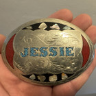 Vintage Western Oval Engraved Floral Belt Buckle W  Inlay     jessie    Fits 1 5 In