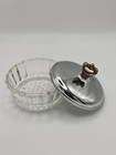 Vintage Round Ribbed Glass Candy Trinket Dish With Chrome Metal Lid - 5 5  X 2 