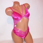 Victoria Secret Lingerie Teddy One Piece Pink Satin Lace Cutout Strappy Thong