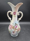 Vintage Arnart Porcelain Double Handled Vase Roses Gold Trim