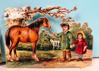 Vintage Lovely Die Cut -cut Outs Children Playing With Cow And Horse 