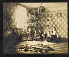 Antique Boarded Photo Christmas Morning Children Girls Tree Dolls Home Interior