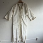 Vintage Handmade Boho Cotton Maxi Caftan Gold Soutache Embroidery Ivory Os