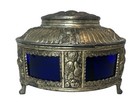 Antique Art Nouveau Silver Over Pewter Lidded Candy Bowl W cobalt Blue Glass