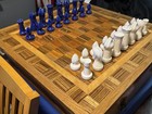 Vtg Wood Chessboard Set W  Storage Blue white Duncan Ceramic Pieces 21   x21   x7   