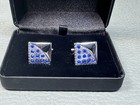 New Old Stock Vintage Blue Stone White Gold Plated Cuff Links