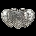 Vintage Western Style Triple Heart Engraved Belt Buckle Silver Tone Cowboy
