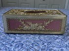 Vintage Mcm Hollywood Regency Ornate Gold Roses   Pink Flocked Tissue Box Holder