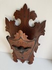 Antique 1880s Hand Carved Walnut Wood Wall Pocket Letter Holder Victorian Cherub