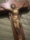 Vintage Crucifix Wooden Wall Hanging Cross Brown Gold Religious Cross Metal