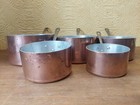 Set Of 5 Vintage French Copper Pans With Riveted Brass Handles