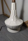Vintage Mid Century Danish Modern Sculptural Teak Ceramic Table Lamp Cream