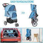 3-wheel Foldable Pet Stroller Dog Cat Stroller Cart W  Pads   Cup Holder Blue