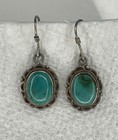 Vintage 925 Sterling Silver 1 25  Oval Turquoise Scalloped Dangle Wire Earrings
