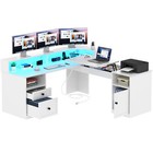 L Shaped Desk 60  Computer Desk With File Drawer   Power Outlet   Led Lights