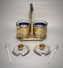 Vintage Mcm Jeanette Glass Condiment Set Turquoise   Gilt Jars W  Caddy   Spoons