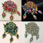 Vintage Style Large Flower Brooch Cerise Pink Crystal Rhinestone Sparkly Pin
