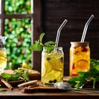 4pcs Set Drinking Glasses With Bamboo Lid And Glass Straw 16oz Can Shaped Glass