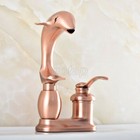 Red Copper 4  Centerset Bathroom Sink Faucet Dolphin Swivel Basin Mixer Tap