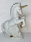 Vintage Unicorn Figurine 1980   s Porcelain Ceramic 7    White Glossy W gold Accents