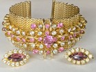 Vintage Set Gold Tone Cuff Bracelet Clip Earrings Pink Stones