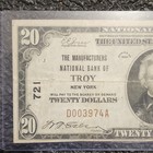 1929  20 National Currency Note The Manufacturers Natl Bank Troy Ny D003974a