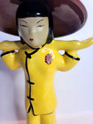 Vintage 1950s Ceramic Asian Woman Water Carrier Figurine Yellow   Black Decor