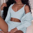 3pcs Women s Lounge Crop Tank Sweater And Shorts Pajama Set
