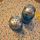 Vintage Le Smith Moon And Stars Glass Salt   Pepper Shakers Set Blue