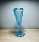 Vintage Blue Glass 8 tall Vase Floral And Diamond Pattern