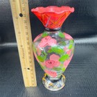 Vintage Hand Painted Glass Vase Vessel Multicolored Red Rose Glass Decorative