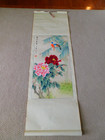 Vintage Japanese Hanging Scroll Hand Painted Art Painting Flowers Birds 70x22 