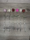 Vintage  Art Glass Long Stem Roses  13-1 2    Red Pink Purple And Clear  set Of 6