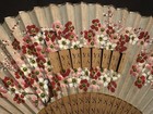 Vintage Hand Painted Folding Fan Bamboo Wood Cherry Blossom Floral W  Tassel