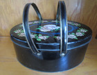 Vintage Black Oval Pink Roses Tin Container Handles Sewing Box 11 X 8