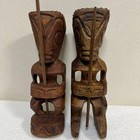 Vintage Hand Carved Wooden Tiki Statues Set Of 2  Spear Figures  14  Yrs Old