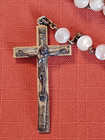 Vtg Rosary Mother Of Pearl Round Beads Silver Tone Catholic Crucifix 24  Italy